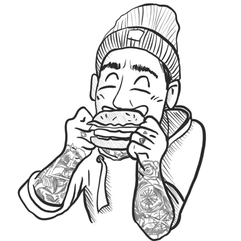 Illustration von Bernd Müller, dem Besitzer von Foodliner, beim Genießen eines frisch zubereiteten Burgers – Symbol für hausgemachte Qualität und Leidenschaft.