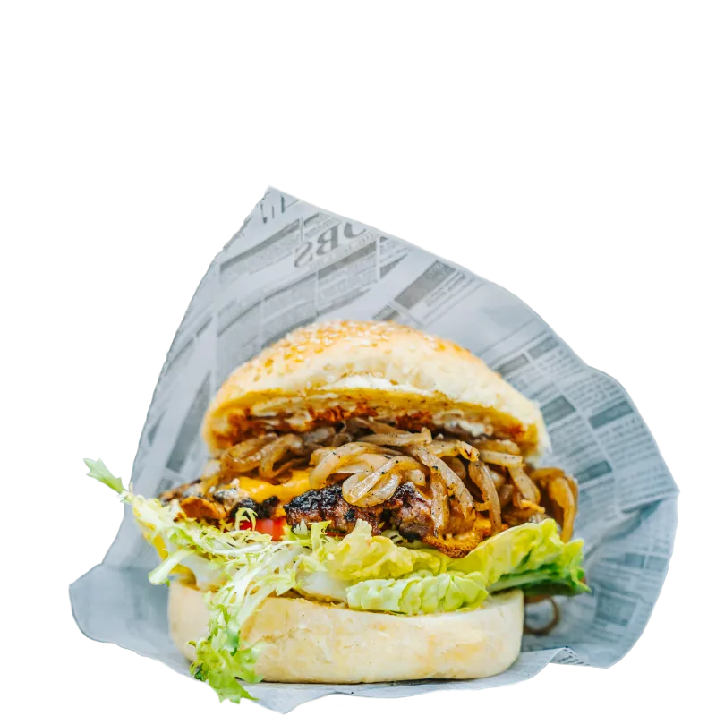 Saftiger Beef-Burger mit karamellisierten Zwiebeln, frischem Salat und Sesambrötchen – perfekter Genuss bei Foodliner.