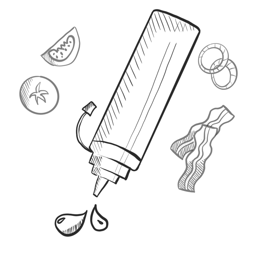 Illustration einer geheimen Sauce mit frischen Zutaten wie Tomaten, Zwiebeln und Bacon – Foodliner’s geheimes Rezept für unverwechselbaren Geschmack.